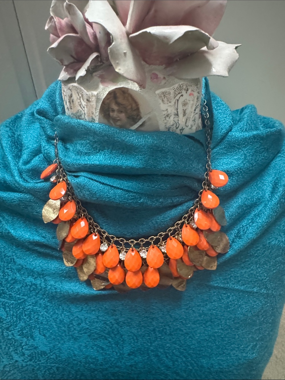 Statement Orange Teardrop & Antique Gold Cluster Necklace